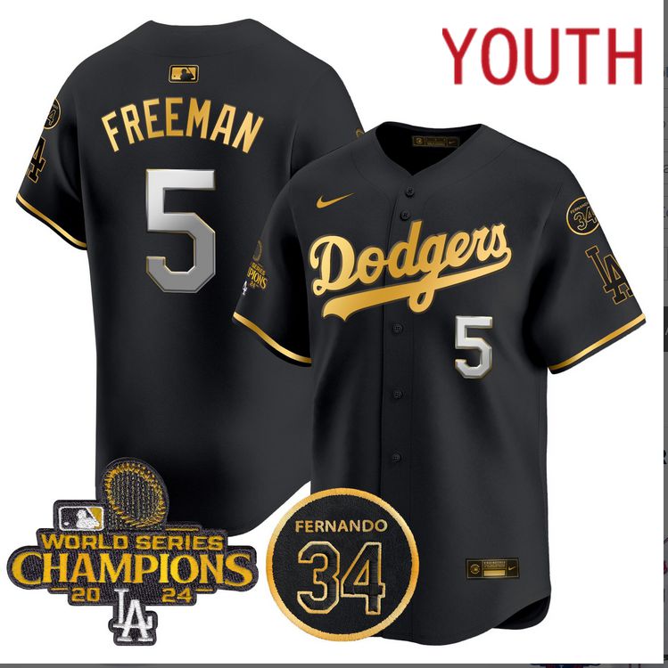 Youth  MLB Los Angeles Dodgers #5 Freeman black 2024 World Series Champions Patch Limited Jersey->youth mlb jersey->Youth Jersey